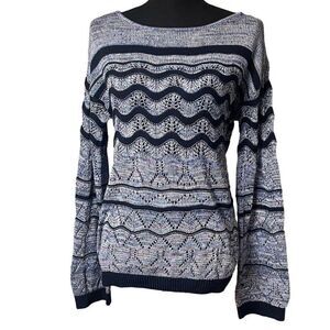 Evolution Blue Confetti Ric-Rac Open Knit Pullover Sweater